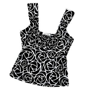 WHBM Black & White Sleeveless Silky Rosette Patterned Top Empire Waist Size XS